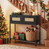 COSTWAY Rattan Console Table, Boho Narrow Sofa Table with 2 Storage Drawers and Open Shelf, 3-Tier Entryway Table with Sturdy Metal Frame for Living Room, Hallway, Foyer, 32 Inch (Black) COSTWAY