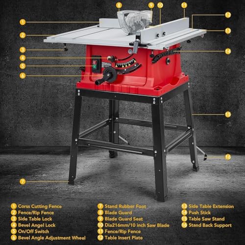 Towallmark Table Saw 10 Inch, 15 Amp 5000RPM Powerful Tablesaw With Stand & Protective Cover, 36 X 25 Inch Tabletop Saw 90° Cross Cut & 0-45° Bevel Cut, Adjustable Depth, for Woodwork - WoodArtSupply