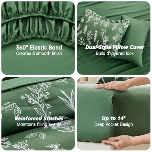 MUXHOMO Dark Green Bed in a Bag Queen 7 Pieces, Queen Comforter Set Reversible Botanical Flowers Design, Ultra Soft & Breathable Bedding Sets with Comforter, Sheets, Pillowcases & Shams