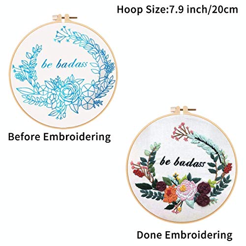 Louise Maelys Embroidery Starter Kit with 3 Hoops for Adults Funny Floral Wreath Pattern for Beginners Needlepoint Kits