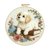 Zhenqing Dog on Books Embroidery Kit for Beginners, Pre-Printed 29x29cm Circular Cotton Fabric with 20cm Hoop, Cozy Pet and Hydrangea Floral Design for Home Decor (C0206)