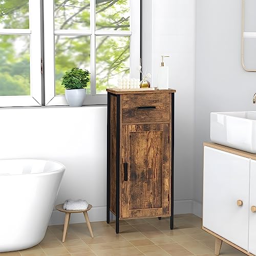 usikey Small Storage Cabinet, Narrow Cabinet with 1 Door and 1 Drawer, Industrial Side Cabinet with 2 Shelves, Nightstand, Small Cabinet for Living Room, Kitchen, Office, Brown usikey