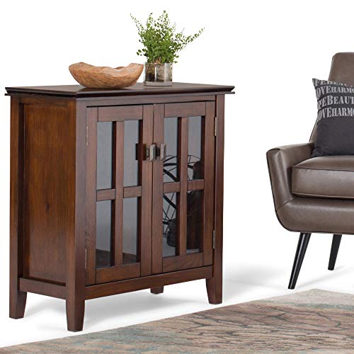 SIMPLIHOME Artisan SOLID WOOD 30 inch Wide Contemporary Low Storage Cabinet in Russet Brown, with 2 Tempered Glass Doors, 2 Adjustable Shelves SIMPLIHOME