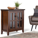 SIMPLIHOME Artisan SOLID WOOD 30 inch Wide Contemporary Low Storage Cabinet in Russet Brown, with 2 Tempered Glass Doors, 2 Adjustable Shelves SIMPLIHOME