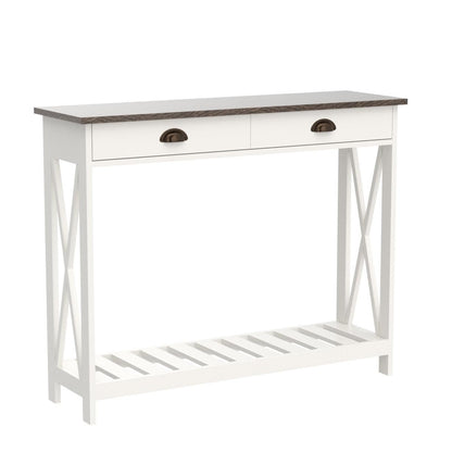 ChooChoo Farmhouse Console Table with Drawer for Entryway, Narrow Long Entry Table with Shelf for Living Room, Rustic Vintage Hallway Sofa Table with Stable X Supports, 40 White