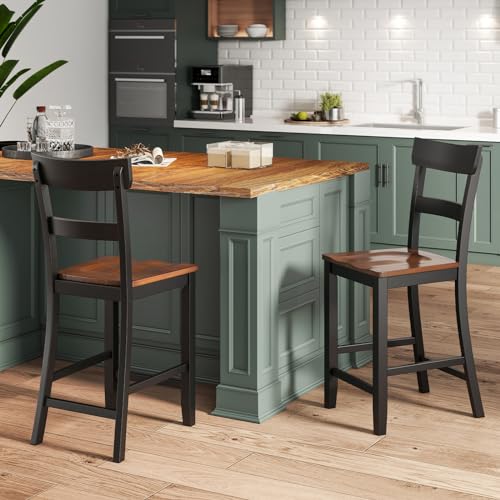 Giantex Farmhouse Wooden Bar Stools Set of 4 - 24.5" Counter Height Dining Chairs in Black