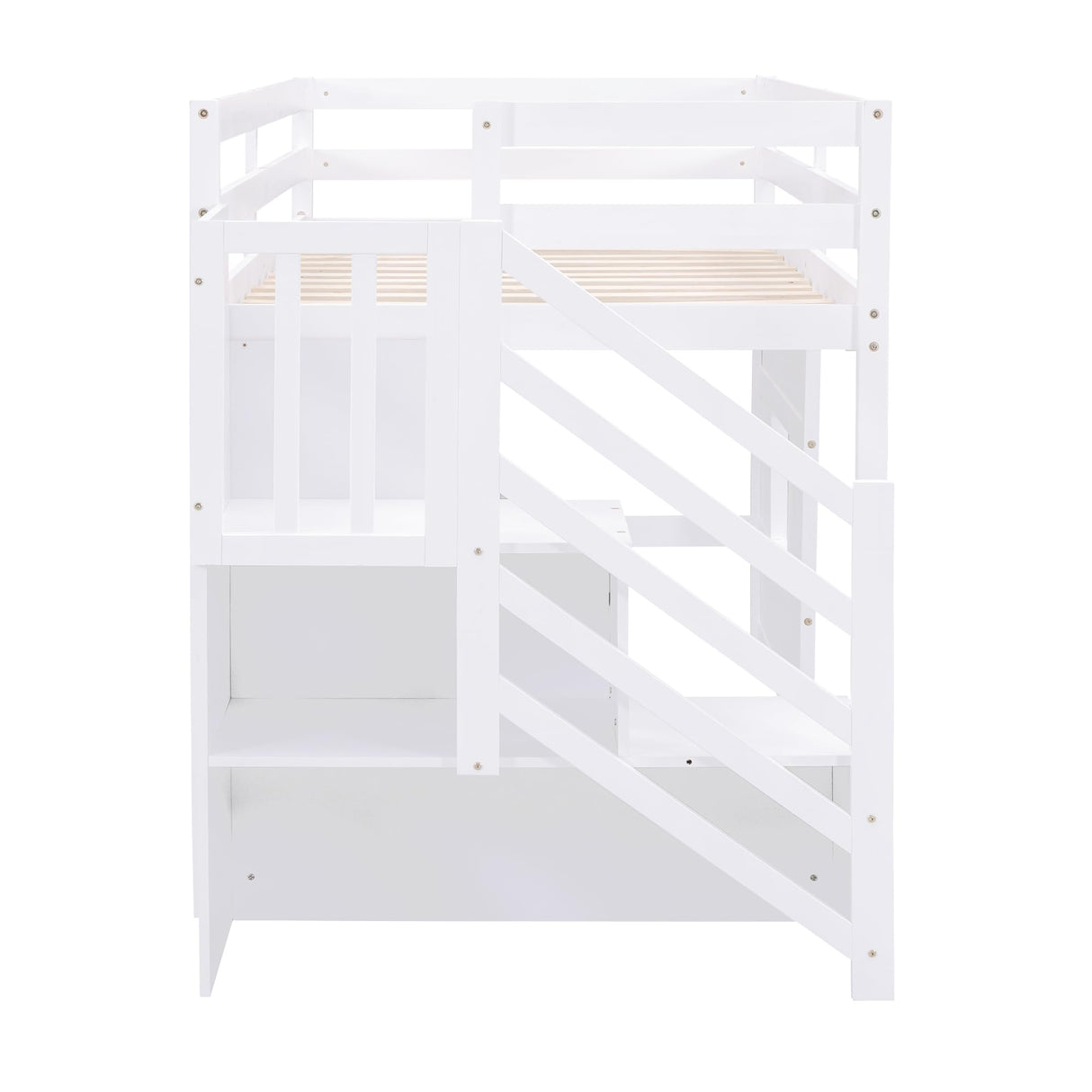 Merax Twin Loft Bed with Storage Staircase and Large Underbed Space for Teens, Boys, Girls, Solid Wood Bedframe & Full-Length Safety Guardrails for Bedroom, No Box Spring Needed, Easy Assembly, White Merax