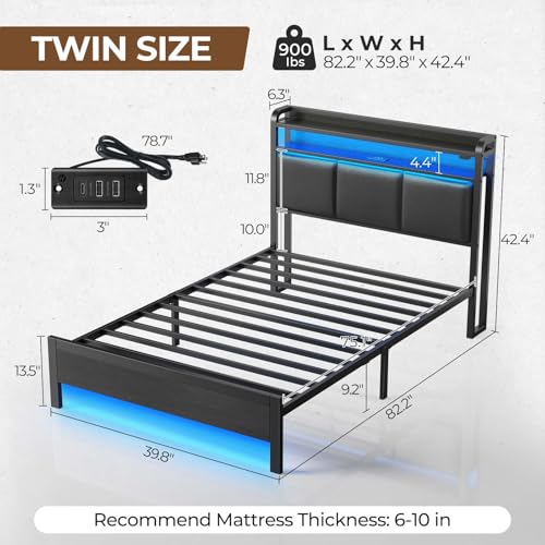 Rolanstar Bed Frame Twin Size with Charging Station and LED Lights, PU Leather Headboard with Storage Shelves, Heavy Duty Metal Slats, No Box Spring Need, Noise Free, Easy Assembly, Black Rolanstar