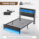 Rolanstar Bed Frame Twin Size with Charging Station and LED Lights, PU Leather Headboard with Storage Shelves, Heavy Duty Metal Slats, No Box Spring Need, Noise Free, Easy Assembly, Black Rolanstar