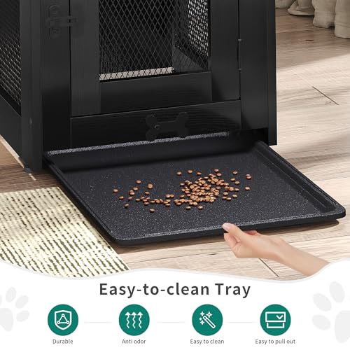 YITAHOME Dog Crate Furniture with Dual USB Charger, Wooden Dog Kennel End Table with Cushion Tray, Drawer for Small Dogs Under 25 lbs Indoor Use, Black YITAHOME