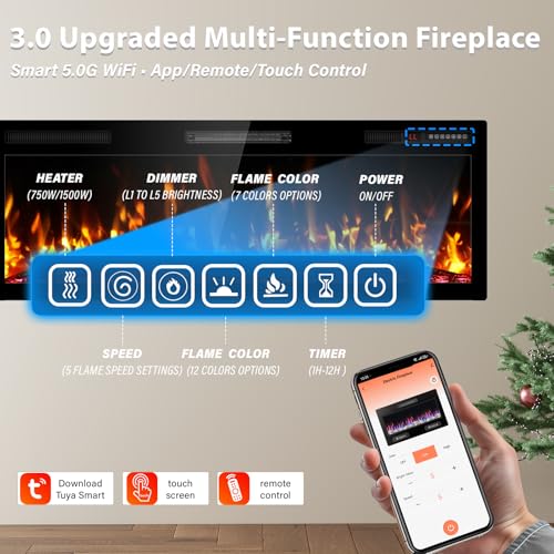 Kucreiheat 60" WiFi Electric Fireplace with Crackling Sound, Smart Linear Fire Place for Living Room, Recessed & Wall Mount Heater, 750/1500W, App & Remote Control, Timer, Log Flame Kucreiheat