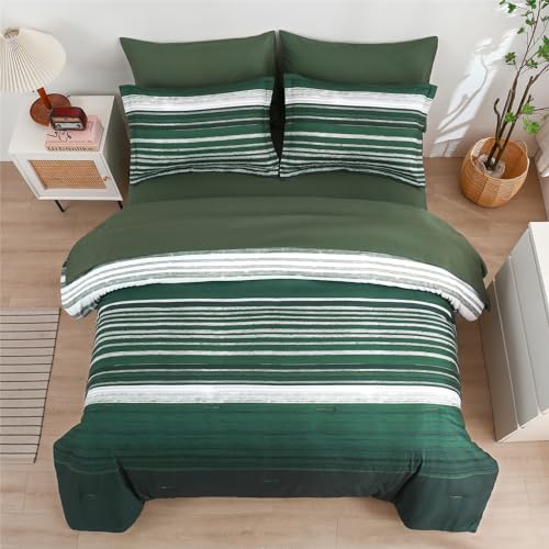KAKIJUMN 7 Piece Bed in a Bag Stripe Comforter Set Full Size, White Grey Green Patchwork Striped Comforter and Sheet Set, All Season Soft Microfiber Complete Bedding Sets(Dark Green,Full) KAKIJUMN