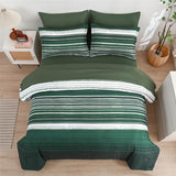 KAKIJUMN 7 Piece Bed in a Bag Stripe Comforter Set Full Size, White Grey Green Patchwork Striped Comforter and Sheet Set, All Season Soft Microfiber Complete Bedding Sets(Dark Green,Full) KAKIJUMN
