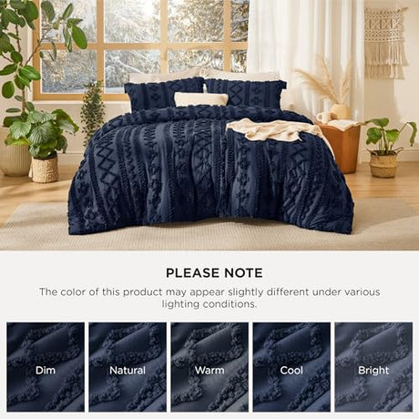 Bedsure Tufted Boho Comforter Set King Size - Navy Boho Bed Set, GentleSoft™ 3 Pieces Farmhouse Shabby Chic Embroidery Bedding, Gifts for Woman, Soft Jacquard King Comforter for All Seasons Bedsure