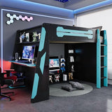 Gaming Loft Bed with Desk and RGB Light, Full Size Wood Loft Bed Frame with Storage Shelves (Blue) Harper & Bright Designs