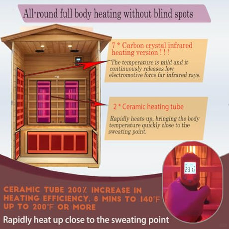 KUNSANA Outdoor Sauna 2 Person, Ceramic Infrared Saunas for Home, Ultra Low EMF Infrared Sauna, Mahogany Wood Home Sauna Room with Bluetooth Speakers, LED Reading Lamps, Chromotherapy Lights KUNSANA