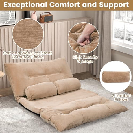KOMFOTT Foldable Floor Lazy Sofa with 2 Pillows, 6-Position Adjustable Reclining Sofa Sleeper Bed, Convertible Futon Couch Bed, Floor Couch Lounge for Relaxing, Reading, Playing, Gaming (Coffee) KOMFOTT
