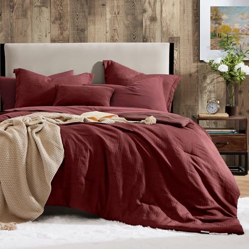 Geniospin Queen Comforter Set - 7 Pieces Comforter Queen Size, Solid Bedding Set for All Season, Dark Red Textured Bed in a Bag with Sheets Geniospin