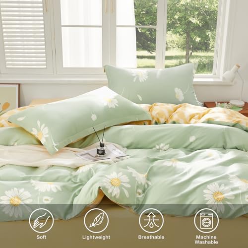 SAPHREAS Floral Daisy Duvet Cover Set Full Size 3pcs Sage Green White Flower Bedding Comforter Cover Set 100% Cotton 1 Duvet Cover 90"x80" 2 Pillow Shams, Comforter Not Included SAPHREAS