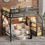 Mirightone Metal Full Size Loft Bed with Stairs,Heavy Duty High Loft Bed Full with Storage Upper Shelf and Wardrobe for Adults Teens, No Box Spring Needed, No Noise, Black Mirightone