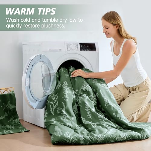 MUXHOMO Dark Green Bed in a Bag Queen 7 Pieces, Queen Comforter Set Reversible Botanical Flowers Design, Ultra Soft & Breathable Bedding Sets with Comforter, Sheets, Pillowcases & Shams