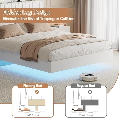 IDEALHOUSE Queen Floating Bed Frame with LED Lights and Storage Headboard, Bed Frame with Modern Minimalist Style for Bedroom/Vacation Home,Silent & No Box Spring Required,Easy to Assemble,White IDEALHOUSE
