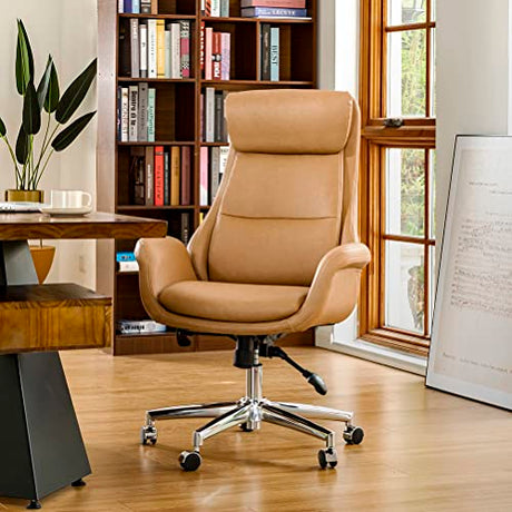 Glitzhome Modern Executive Office Chair, High Back PU Leather Ergonomic Computer Desk Chair, Adjustable Height Swivel Office Task Chair with Lumbar Back Support (Camel) Glitzhome