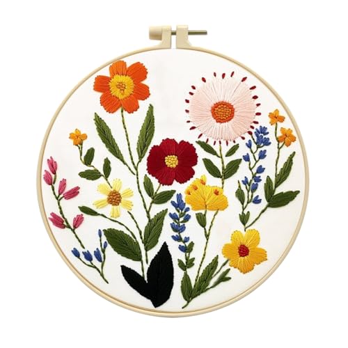 Zhenqing Flower Embroidery Kit for Beginners, Floral Hand Embroidery Starter Kit with Pattern, Wildflower Needlework Craft Set with Cotton Fabric, Hoop, Threads, Needles and Embroidery Tools (C0125)