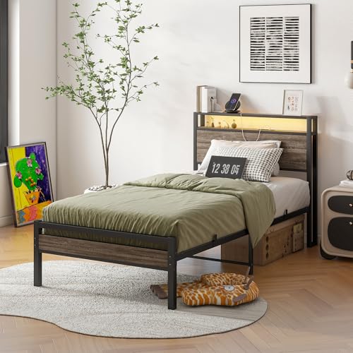 BOFENG Twin Bed Frame with Wood Headboard and USB Charging Station,Heavy Duty Metal Platform Single LED Bed Frame Twin Size with Storage No Box Spring Needed,Strong Steel Slats,Noise Free,Rustic Grey BOFENG