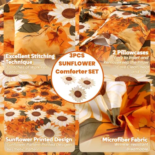 MAG 3Pcs Sunflower Full Comforter Sets,Microfiber Floral Full Size Bedding Sets,Boho Orange Flower Pattern,All Season Included 1 Comforter + 2 Pillowcases for Kids Boys Girls,Breathable and Wrinkle. MAG