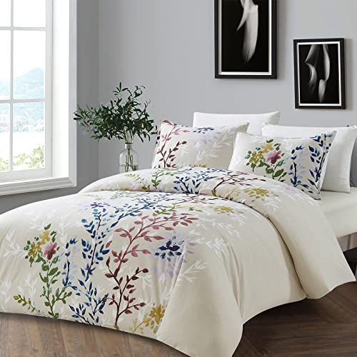Style Quarters Dahlia Lane 3pc Duvet Cover Set - Multi-Color Floral Stems with White Leafy Silhouettes - 100% Cotton - Machine Washable - Includes 1 Duvet Cover + 2 Shams (Queen) SO OQ STYLE QUARTERS