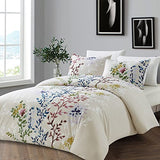 Style Quarters Dahlia Lane 3pc Duvet Cover Set - Multi-Color Floral Stems with White Leafy Silhouettes - 100% Cotton - Machine Washable - Includes 1 Duvet Cover + 2 Shams (Queen) SO OQ STYLE QUARTERS