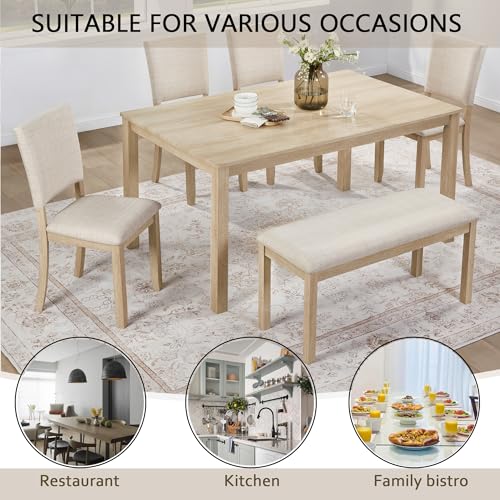 LUMISOL 6-Piece Dining Table Set with Bench and Chairs, Farmhouse Kitchen Table Set for 6 People, Wooden Table and Chairs Set for Kitchen, Dining Room, Light Oak+Beige LUMISOL