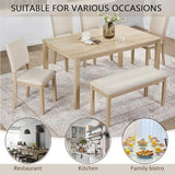 LUMISOL 6-Piece Dining Table Set with Bench and Chairs, Farmhouse Kitchen Table Set for 6 People, Wooden Table and Chairs Set for Kitchen, Dining Room, Light Oak+Beige LUMISOL