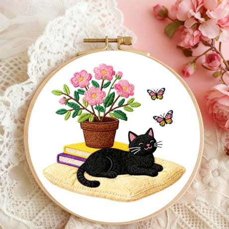BEUNITONE 4 Set Embroidery Kit for Beginners, Daily Life of Cats Patterns Cross Stitch Kits, Needlepoint Kits for Adults with Hoop, Cute Hand Embroidery Patterns for Cloth and Home Decor BEUNITONE