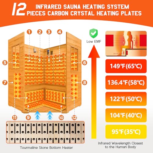 Albott Outdoor Sauna 4 Person, Infrared Saunas for Home, Low EMF 2850W/240V/20A Spruce Wood Dry Sauna with Tourmaline Stone Foot Warmer, 7-Color Light Therapy & 2 Bluetooth Speakers, 59.1"x59.1"x98.4" Albott