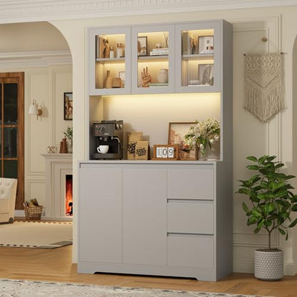 Finetones 71" Modern Grey Kitchen Pantry Cabinet with LED Lighting and Charging Station - WoodArtSupply