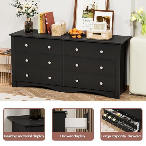 YESHOMY Dresser with 6 Drawer, Wood Wide Chest Storage Organizer and TV Stand for Living Room, Hallway, Dormitory, Black YESHOMY