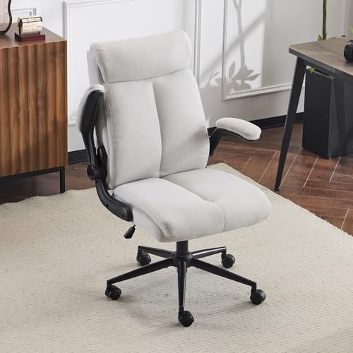 VINGLI Rolling Ergonomic Office Desk Chair with Padded Flip-up Arms, 360° Swivel High Back Executive Computer Chair with Wheels for Game,Home Small Space, Study Room, Reading Room, Linen Light Grey VINGLI
