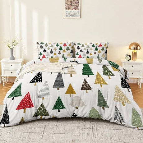 Duvet Cover Single 61" x 79" Size - Reversible Cartoon Minimalist Trees Duvet Cover Set for Kids and Adults with Zipper Closure, 3 Pieces Multicolor Bedding Set with 2 Pillow Shams Generic