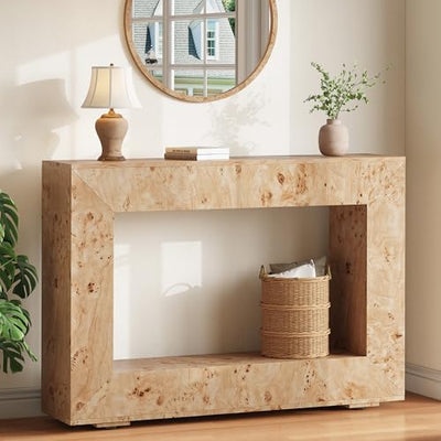 AMERLIFE 47.2" Burl Wood Console Table, Narrow Entryway Table with Storage, Modern Luxury Sofa Table for Living Room, Entrance, Hallway, Foyer & Office, Natural