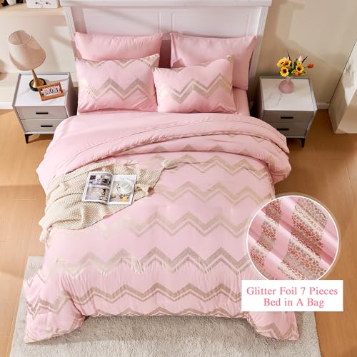 Wowelife Queen Comforter Set for Girls, Gold Glitter Foil Queen Bedding Comforter Set for Kids, 7 Pieces Bed Set for All Seasons, Teen Girl Bedroom Sets with 2 Pillow Shams and 2 Pillowcases Wowelife