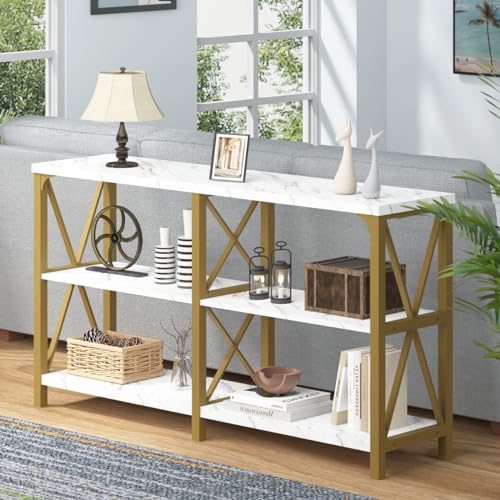 IBF Modern 3 Tier Entryway Table, Industrial Metal Wood TV Console Table with Storage Shelves, Farmhouse White Faux Marble and Gold Sofa Accent Table for Hallway Entry Way Foyer Living Room, 55 Inch IBF