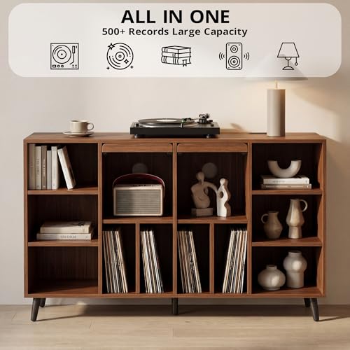 IRONCK Large Record Player Stand 55", Holds 600+ Vinyl Record Storage Cabinet with Charging Station, Mid Century Modern Turntable Stand for Living Room, Bedroom, Brown IRONCK