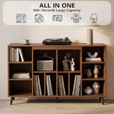 IRONCK Large Record Player Stand 55", Holds 600+ Vinyl Record Storage Cabinet with Charging Station, Mid Century Modern Turntable Stand for Living Room, Bedroom, Brown IRONCK