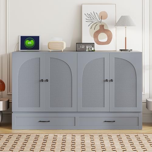P PURLOVE Queen Murphy Bed with Large Drawers, Wood Cabinet Bed with USB Port, No Box Spring Needed, Easy Assembly (Gray) P PURLOVE