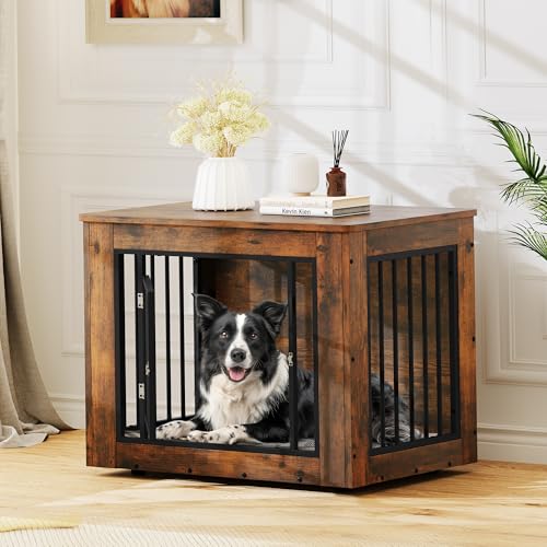 YITAHOME 32.5" L Dog Crate Furniture for Medium Dogs, 2-in-1 Iron-Wood Fusion Dog cage Indoor up to 40 lb, Side End Table, Modern Dogs Kennel with Waterproof Top, Safety Corners,Steel Lock,Rustic YITAHOME
