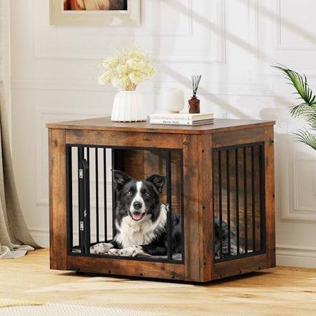 YITAHOME 32.5" L Dog Crate Furniture for Medium Dogs, 2-in-1 Iron-Wood Fusion Dog cage Indoor up to 40 lb, Side End Table, Modern Dogs Kennel with Waterproof Top, Safety Corners,Steel Lock,Rustic YITAHOME