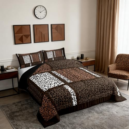 Leopard Print Comforter Set,Wildlife Animal Fur Skin Bedding Set Modern Bedroom Decor,African Cheetah Wildlife Patchwork Texture Comforter with 1 Pillowcase for All Seasons,Twin,Brown White Black Castle Fairy