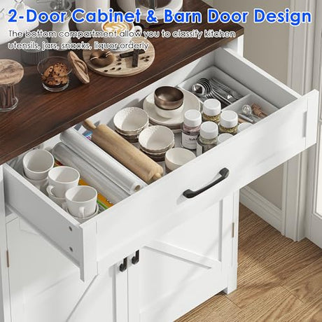 kepptory 69" Tall Farmhouse Kitchen Pantry Cabinet, Kitchen Hutch Bar Cabinet with Drawers&Cup Holder, Large Wooden Storage Cabinets with Barn Doors&Microwave Stand, Cupboard for Dining Room(White) kepptory